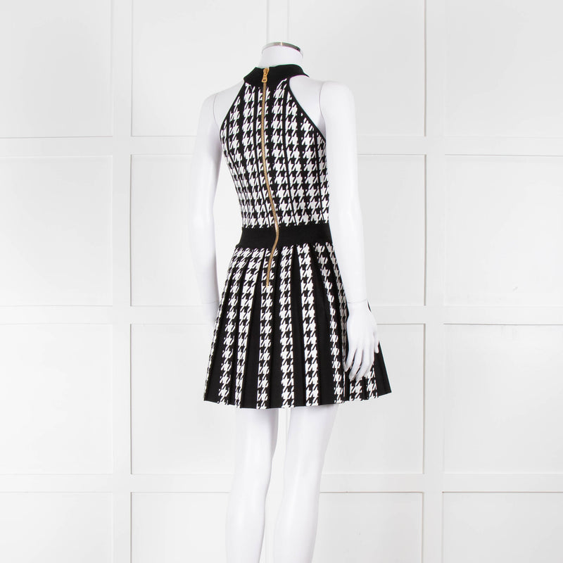 Balmain Black & White Pleated Houndstooth Knit Mini Dress