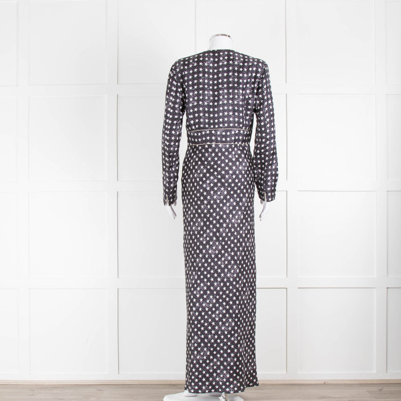 Max Mara Midnight Blue White Star Print Silk Maxi Dress