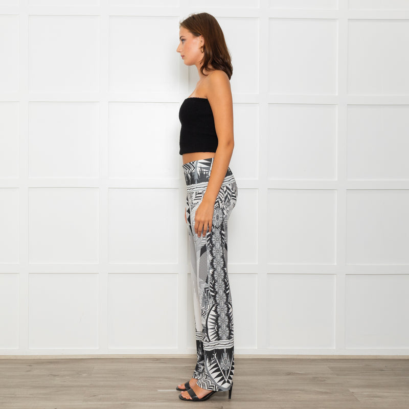 Hale Bob Grey Abstract Mandala Print Fold Waist Flared Trouser