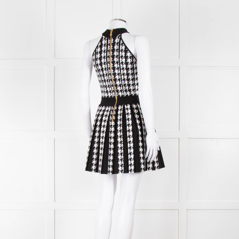 Balmain Black & White Pleated Houndstooth Knit Mini Dress