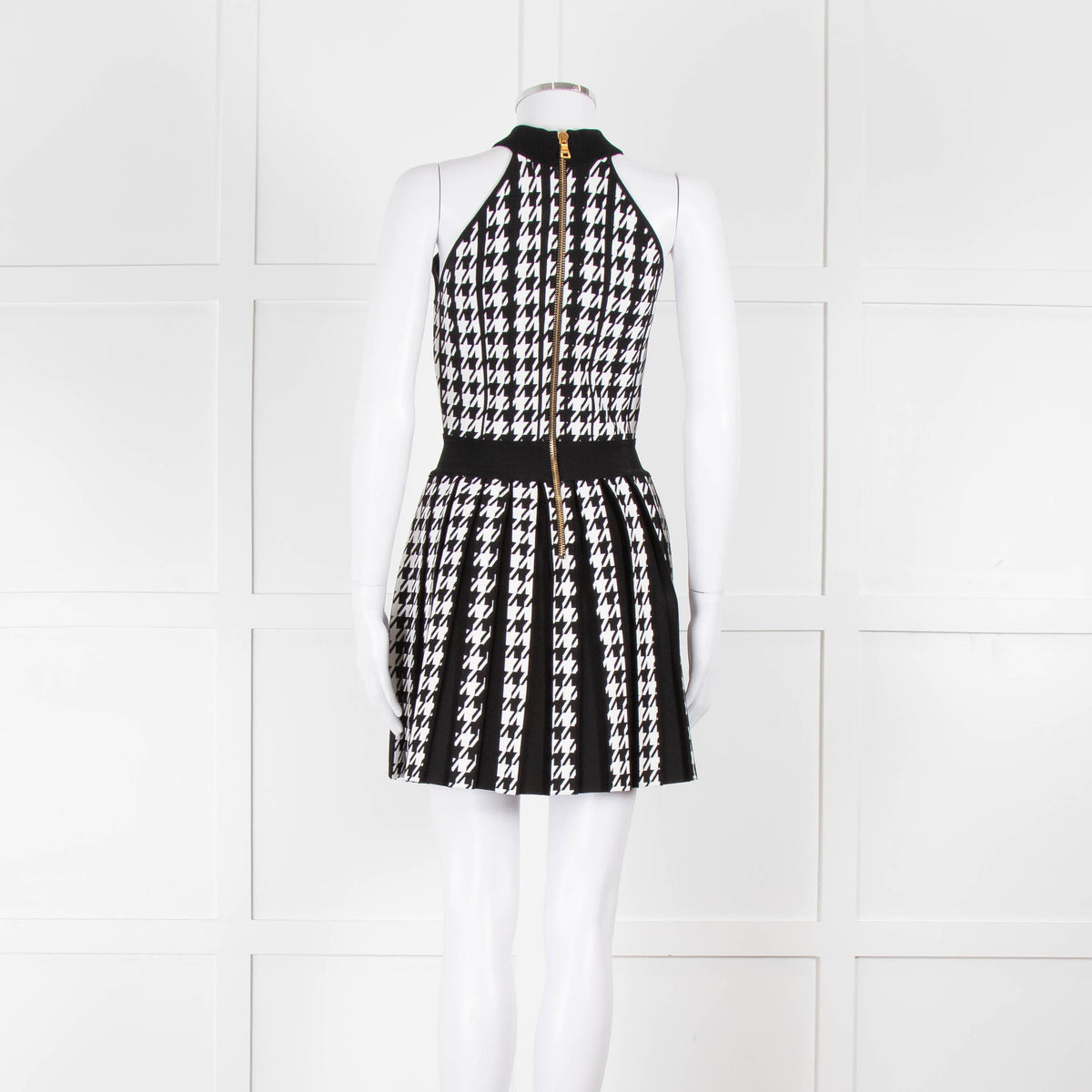 Balmain Black & White Pleated Houndstooth Knit Mini Dress