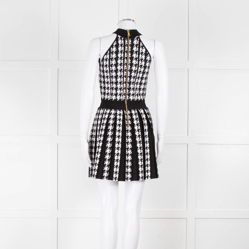 Balmain Black & White Pleated Houndstooth Knit Mini Dress