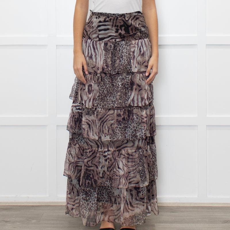 Ridley Brown Animal Print Silk Frill Maxi Skirt