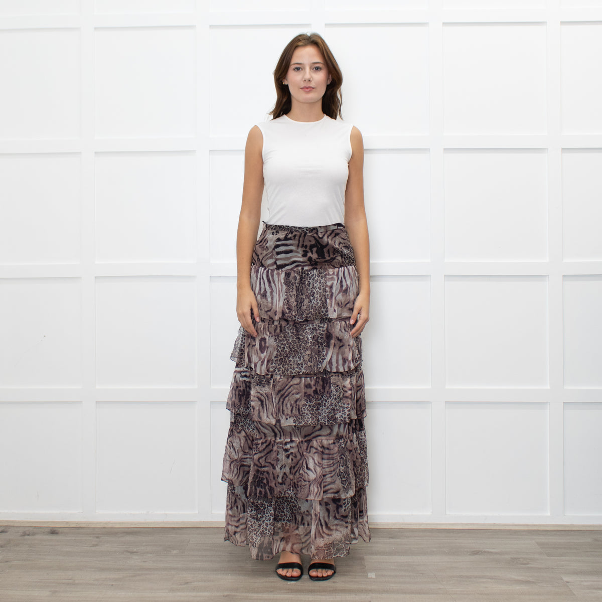 Ridley Brown Animal Print Silk Frill Maxi Skirt
