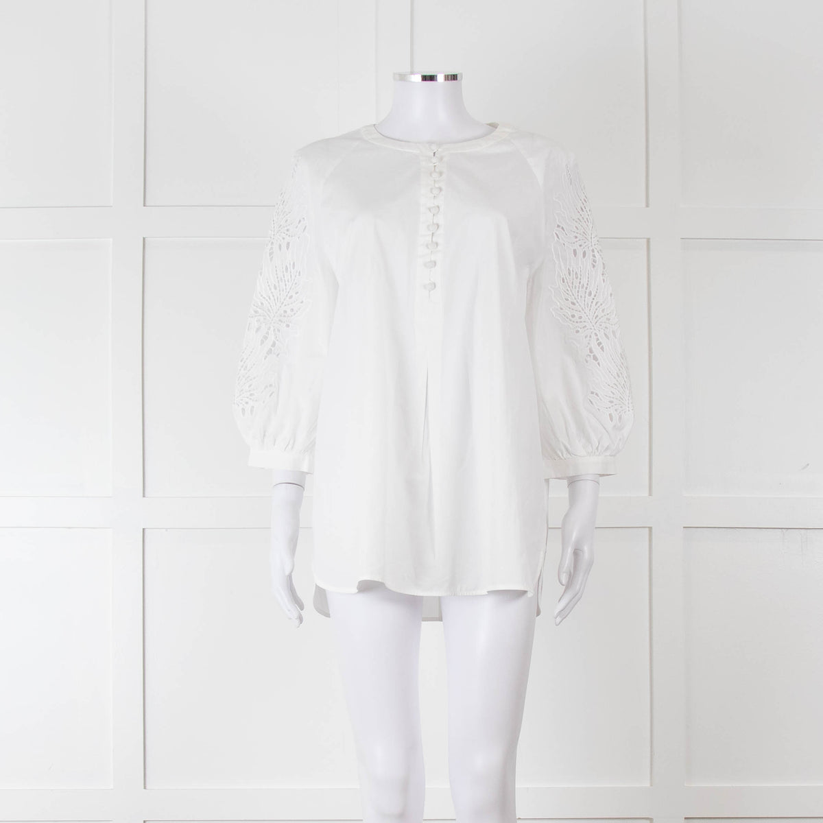 Max Mara Studio White Cotton Embroidered Sleeve Top
