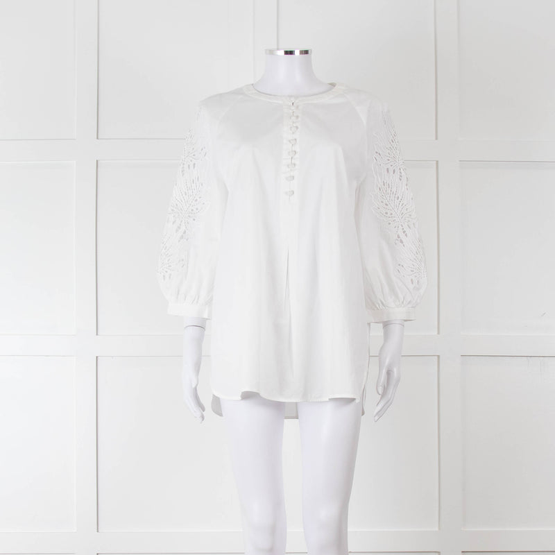 Max Mara Studio White Cotton Embroidered Sleeve Top