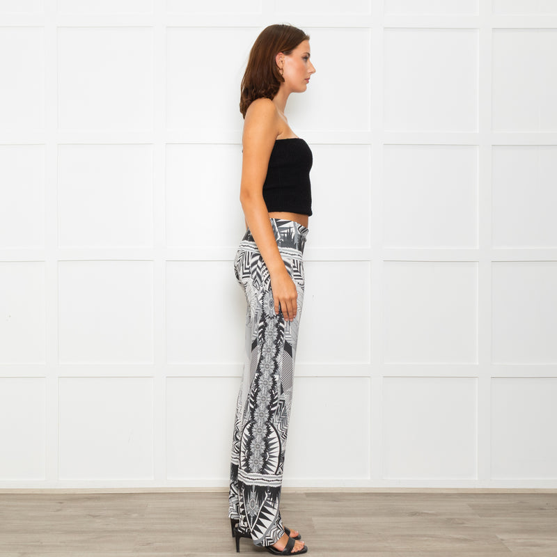 Hale Bob Grey Abstract Mandala Print Fold Waist Flared Trouser