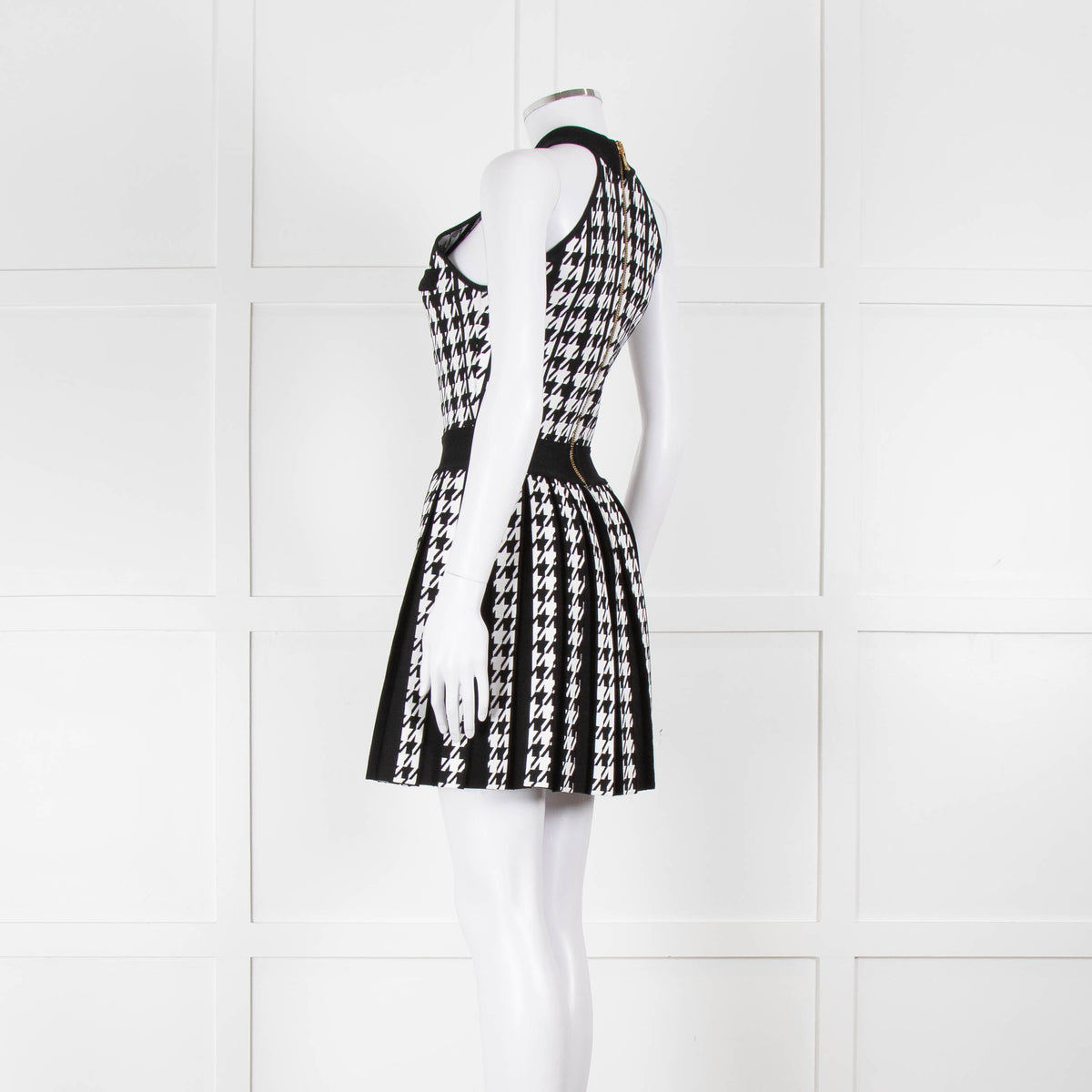 Balmain Black & White Pleated Houndstooth Knit Mini Dress