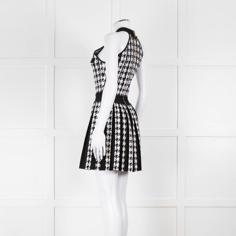 Balmain Black & White Pleated Houndstooth Knit Mini Dress