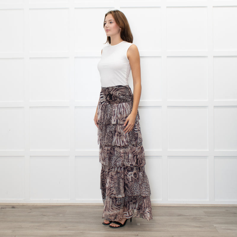 Ridley Brown Animal Print Silk Frill Maxi Skirt
