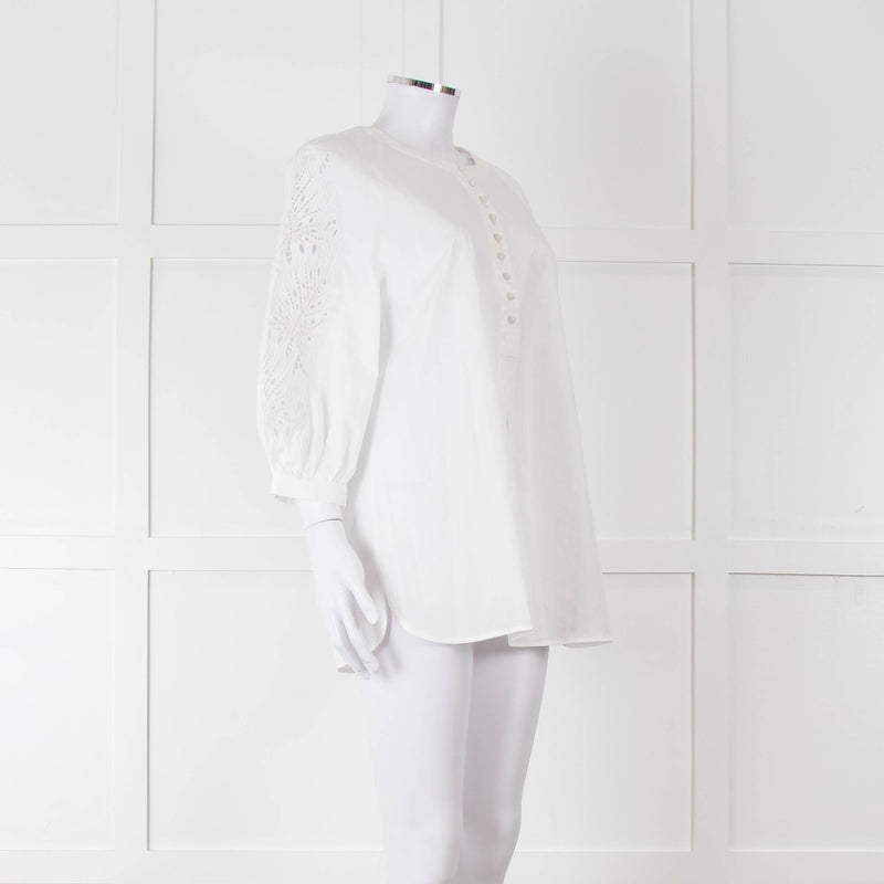 Max Mara Studio White Cotton Embroidered Sleeve Top