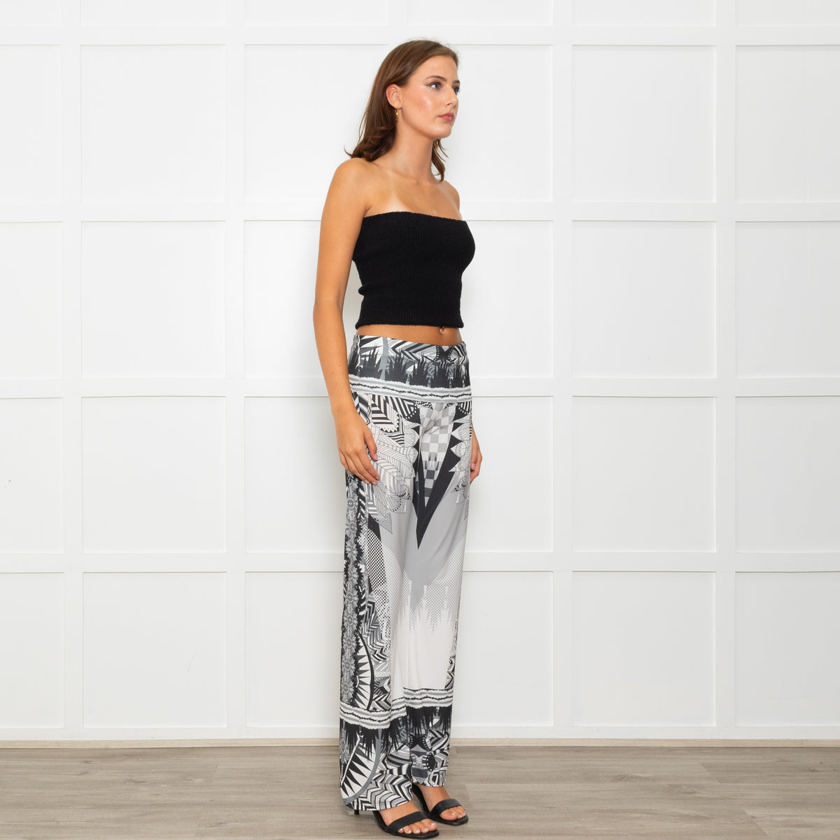 Hale Bob Grey Abstract Mandala Print Fold Waist Flared Trouser