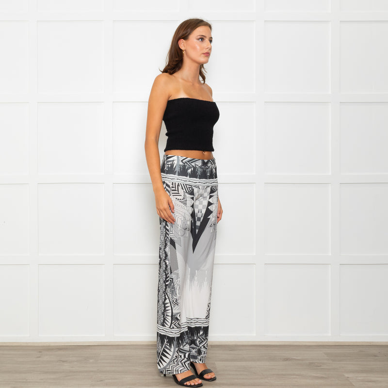 Hale Bob Grey Abstract Mandala Print Fold Waist Flared Trouser