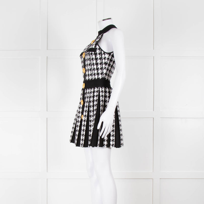 Balmain Black & White Pleated Houndstooth Knit Mini Dress