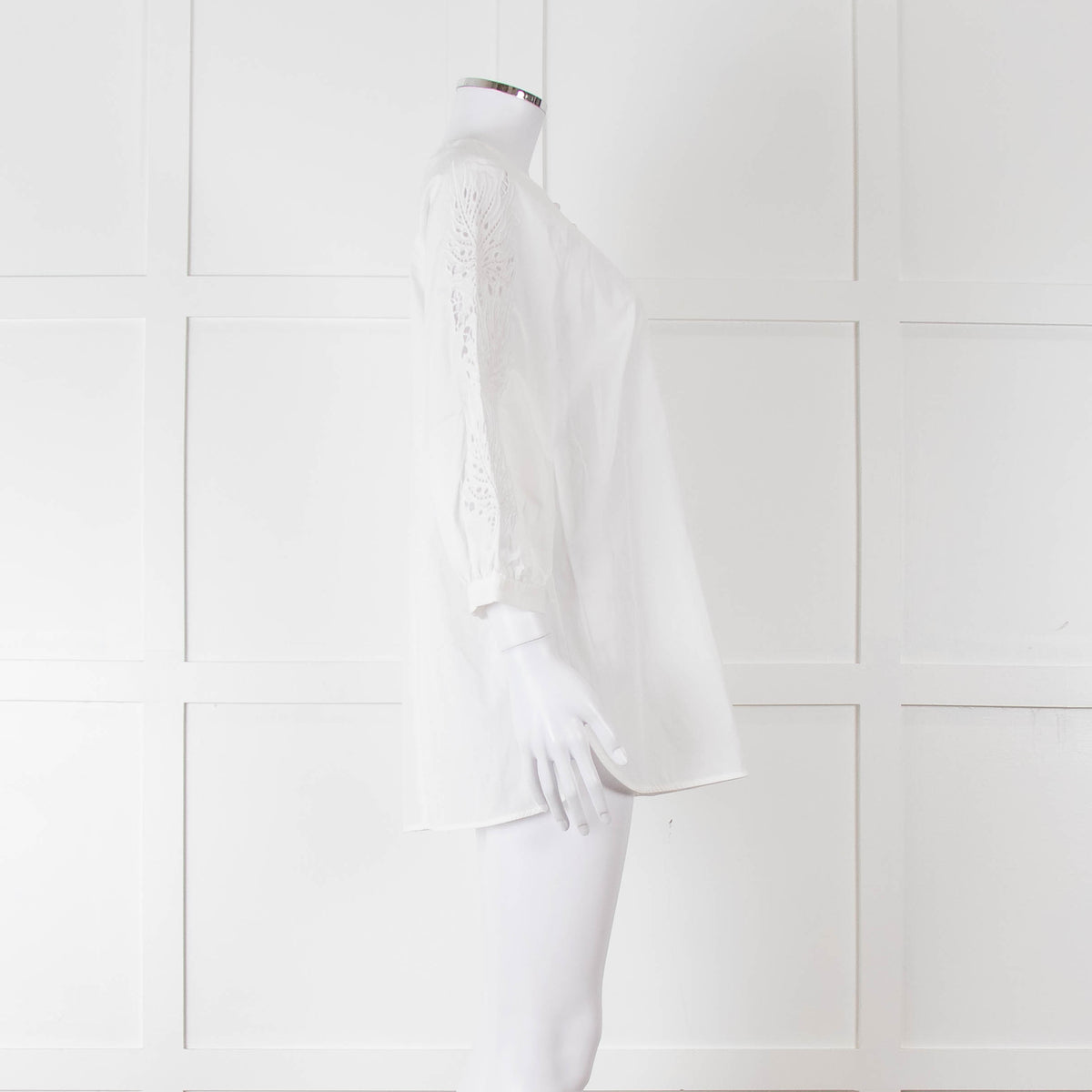 Max Mara Studio White Cotton Embroidered Sleeve Top