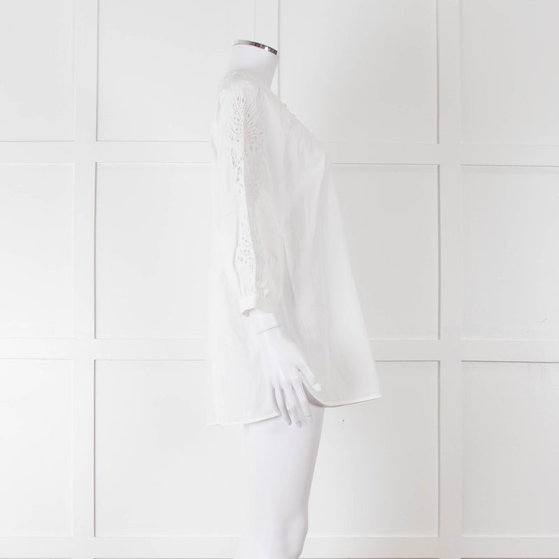 Max Mara Studio White Cotton Embroidered Sleeve Top