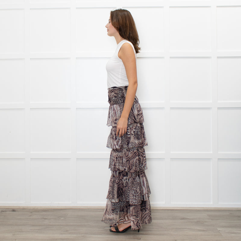 Ridley Brown Animal Print Silk Frill Maxi Skirt