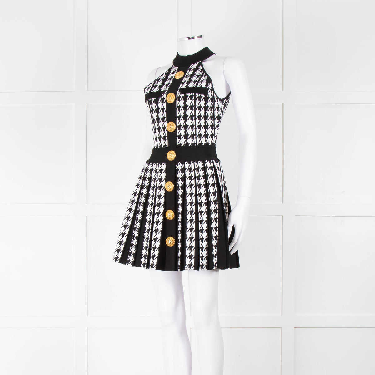Balmain Black & White Pleated Houndstooth Knit Mini Dress