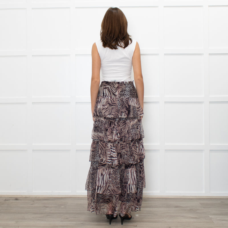 Ridley Brown Animal Print Silk Frill Maxi Skirt