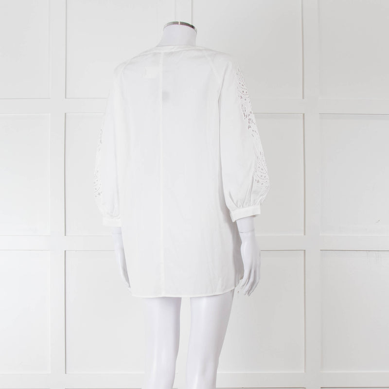 Max Mara Studio White Cotton Embroidered Sleeve Top