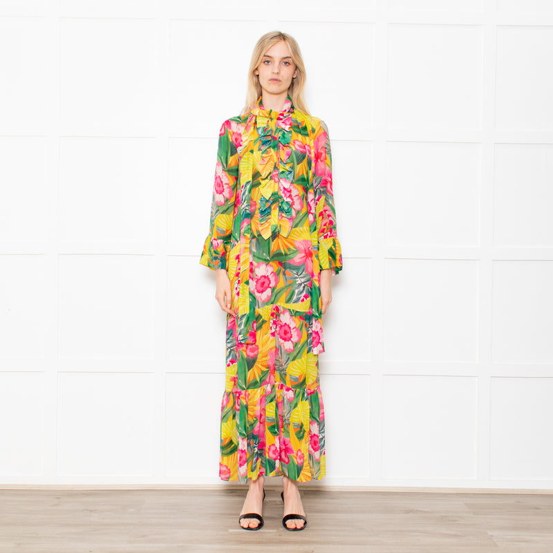 Kalmar Pink, Green and Yellow Floral Maxi Tiered Dress