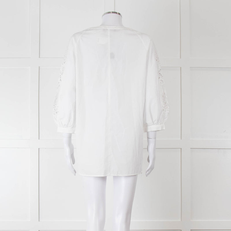 Max Mara Studio White Cotton Embroidered Sleeve Top