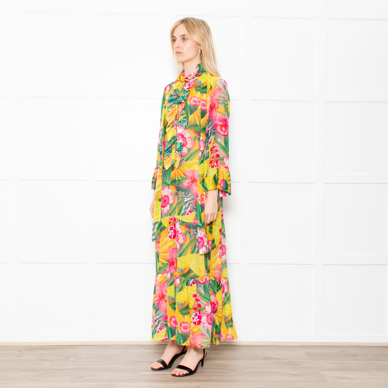 Kalmar Pink, Green and Yellow Floral Maxi Tiered Dress