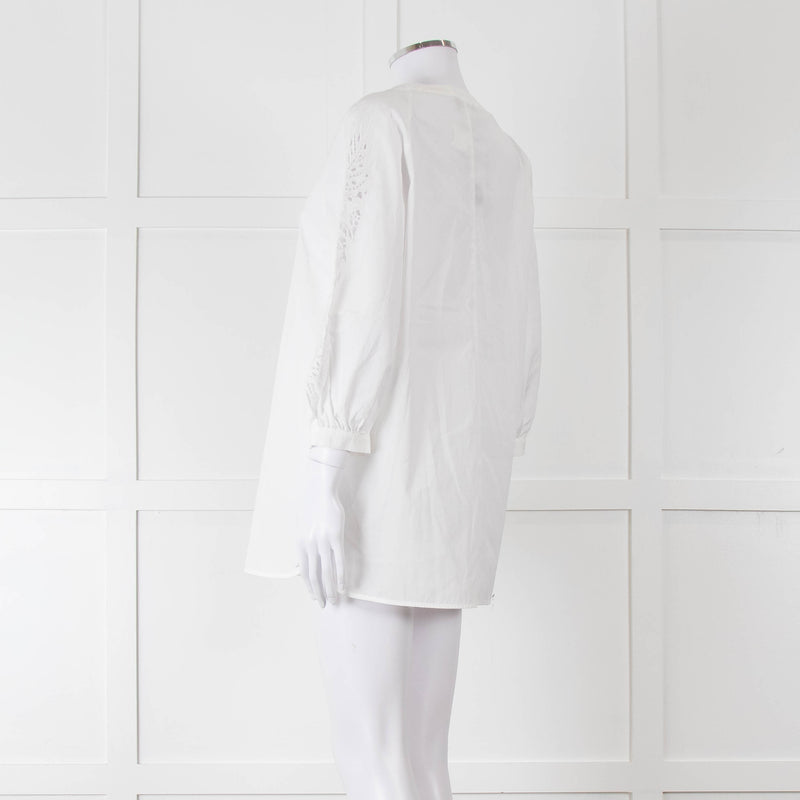 Max Mara Studio White Cotton Embroidered Sleeve Top