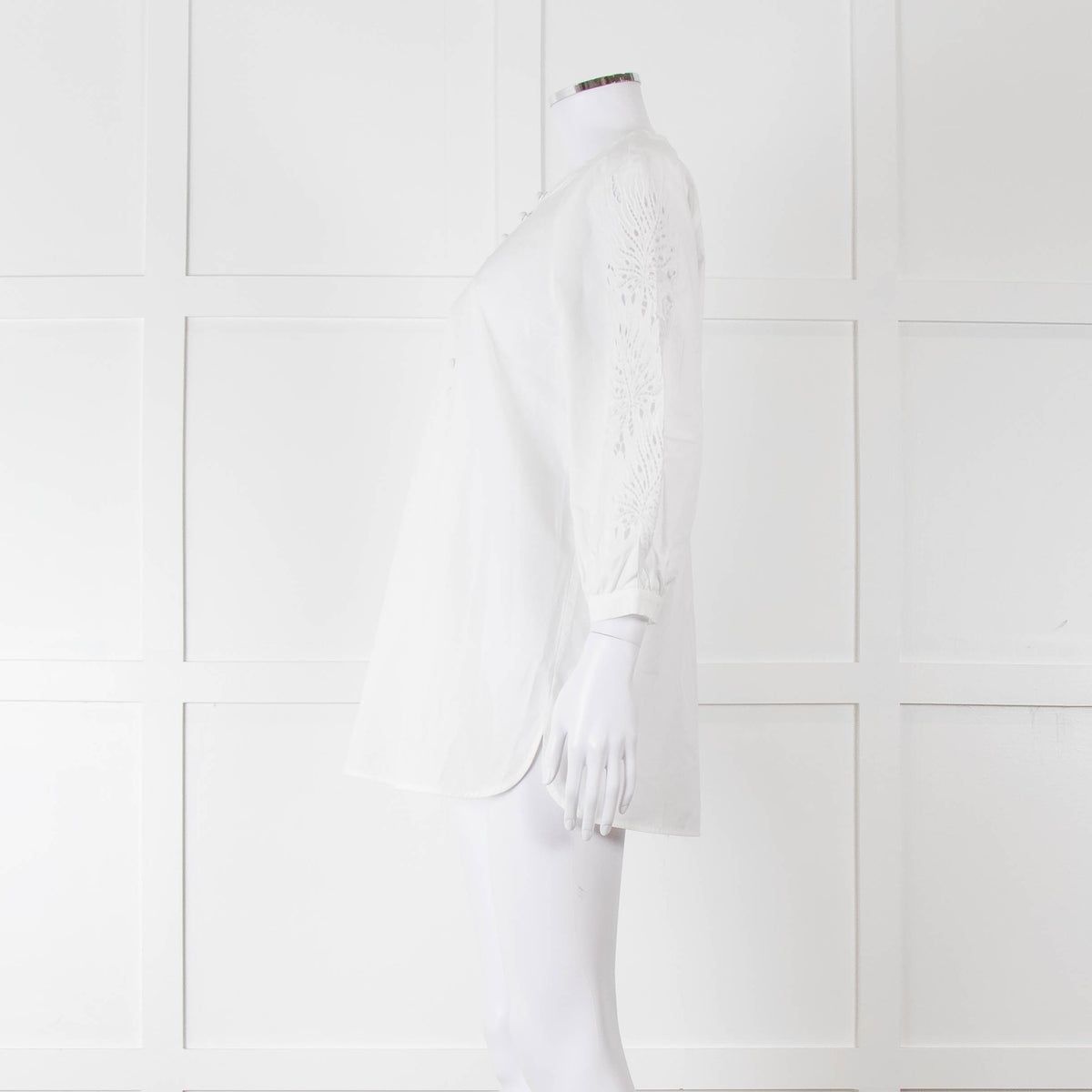 Max Mara Studio White Cotton Embroidered Sleeve Top