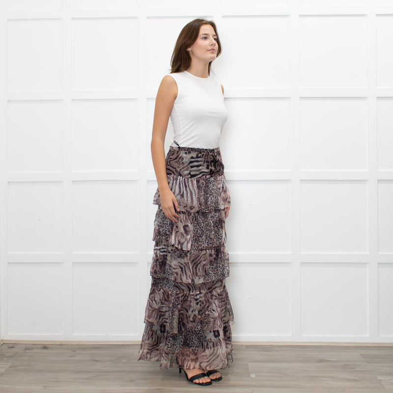 Ridley Brown Animal Print Silk Frill Maxi Skirt