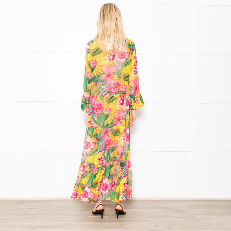 Kalmar Pink, Green and Yellow Floral Maxi Tiered Dress