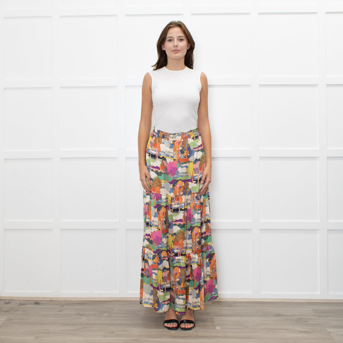 Ridley Multicolour Tree Print Silk Tiered Maxi Skirt