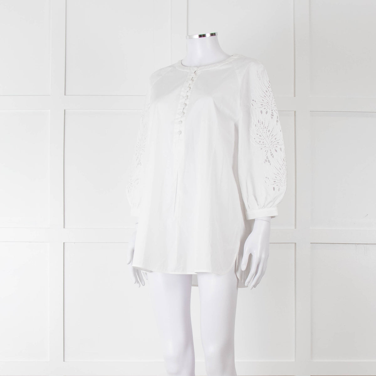 Max Mara Studio White Cotton Embroidered Sleeve Top
