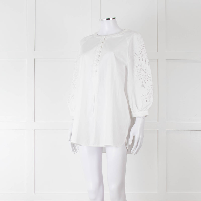 Max Mara Studio White Cotton Embroidered Sleeve Top