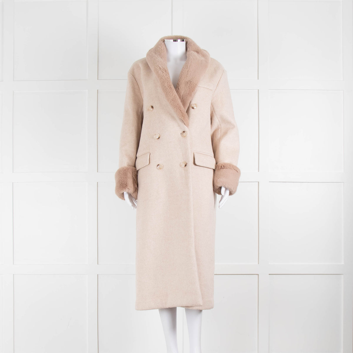 Reformation Cream Neutral Double Breasted Faux Fur Coat