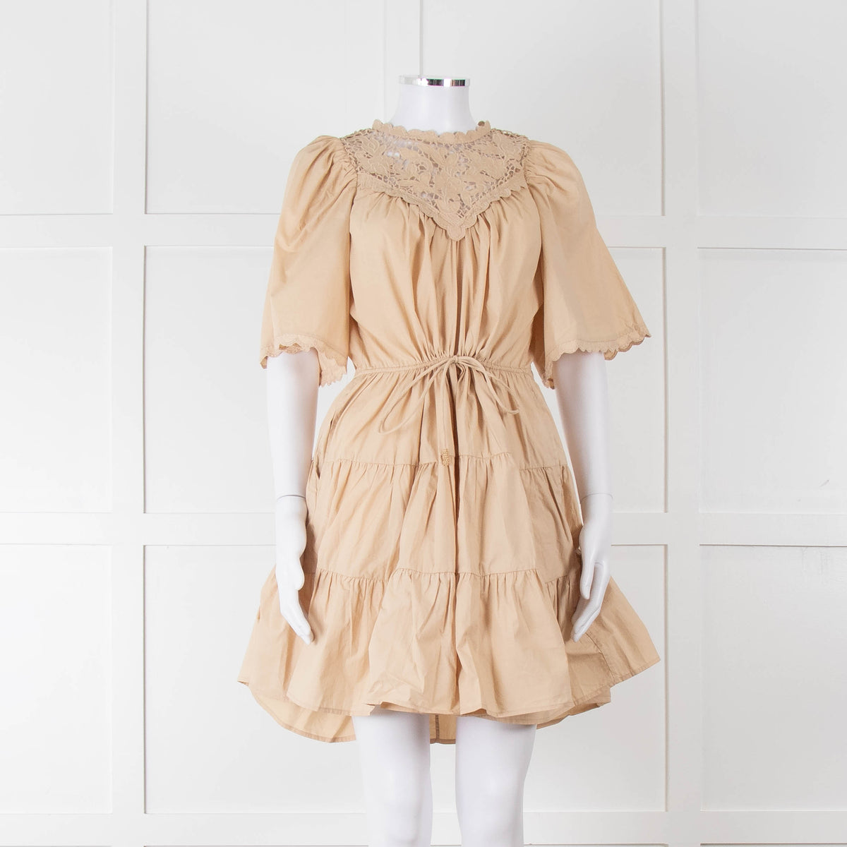 Scarlett Poppies Beige Cotton Lace Detail Tiered Short Dress