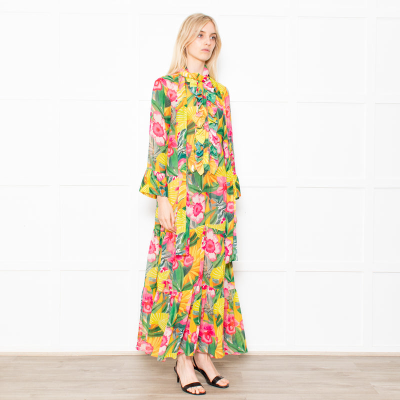 Kalmar Pink, Green and Yellow Floral Maxi Tiered Dress