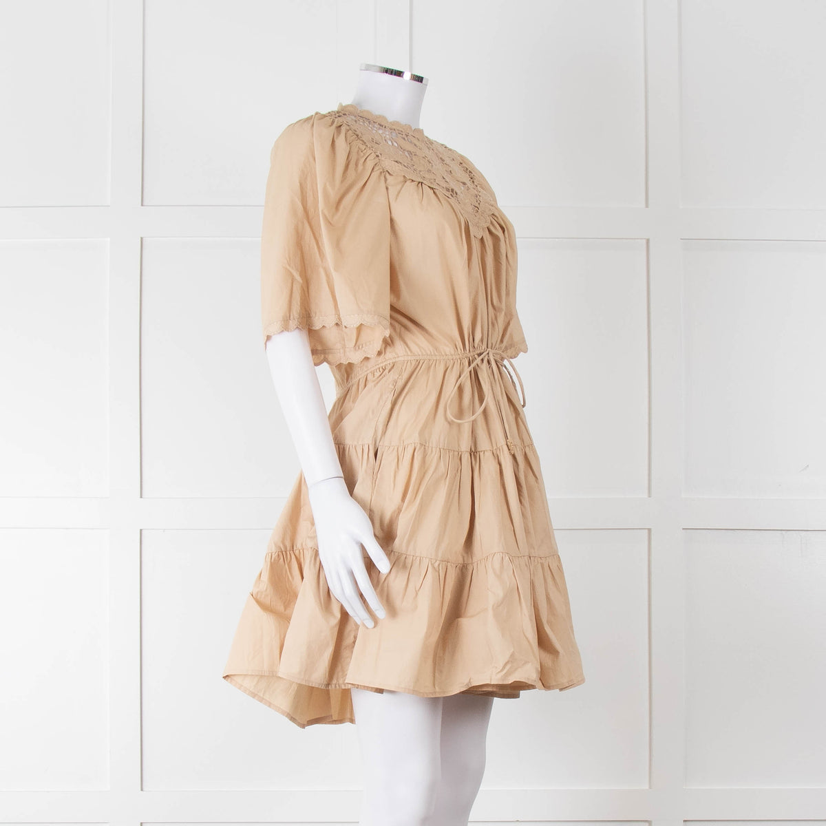 Scarlett Poppies Beige Cotton Lace Detail Tiered Short Dress