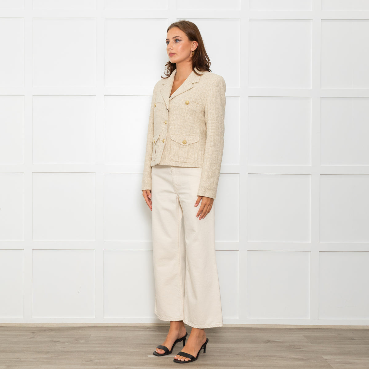 Weekend Max Mara Cream Tweed Cropped Jacket Anchor Buttons