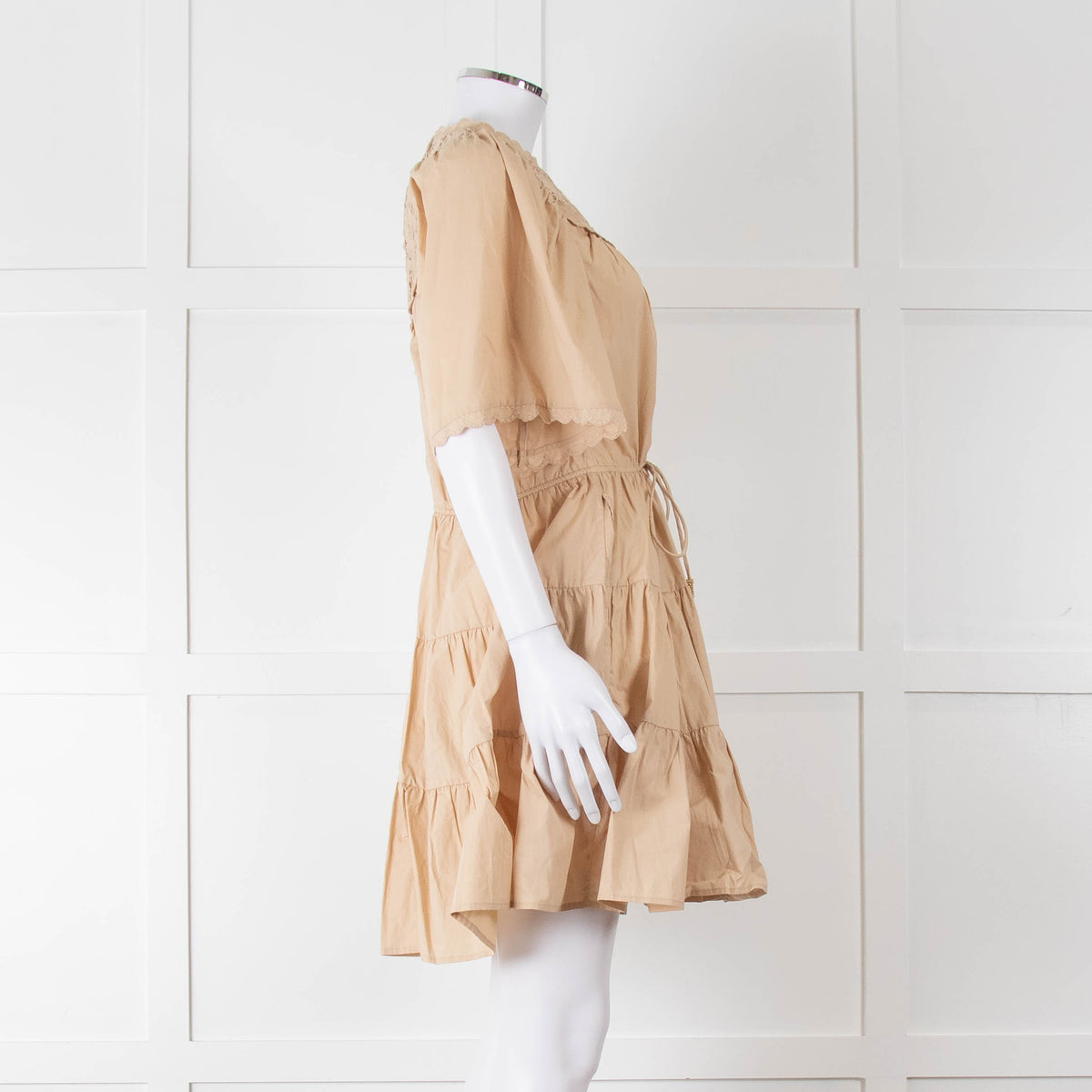 Scarlett Poppies Beige Cotton Lace Detail Tiered Short Dress