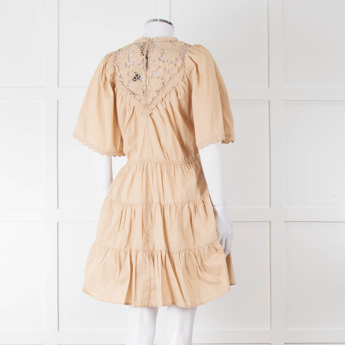 Scarlett Poppies Beige Cotton Lace Detail Tiered Short Dress
