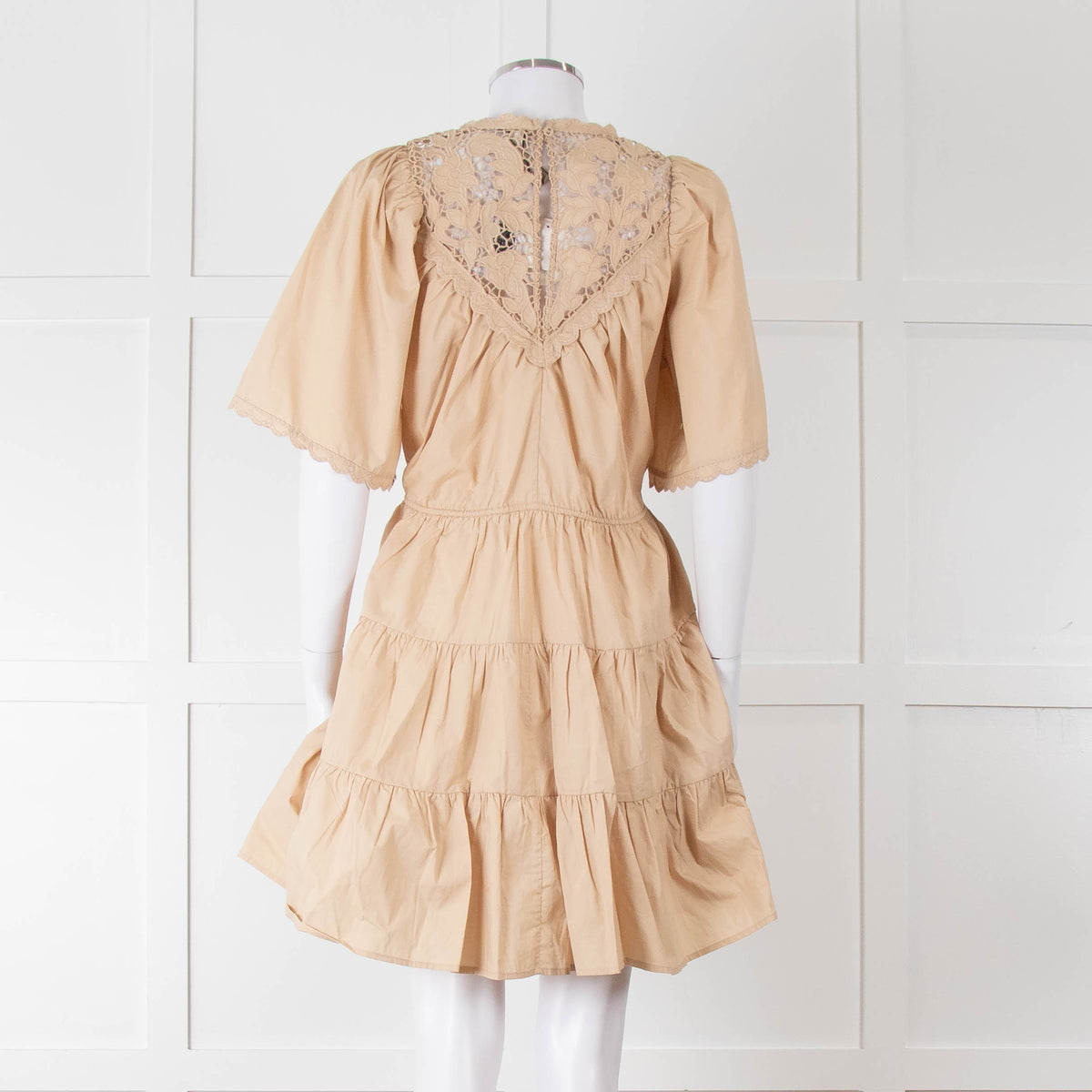 Scarlett Poppies Beige Cotton Lace Detail Tiered Short Dress