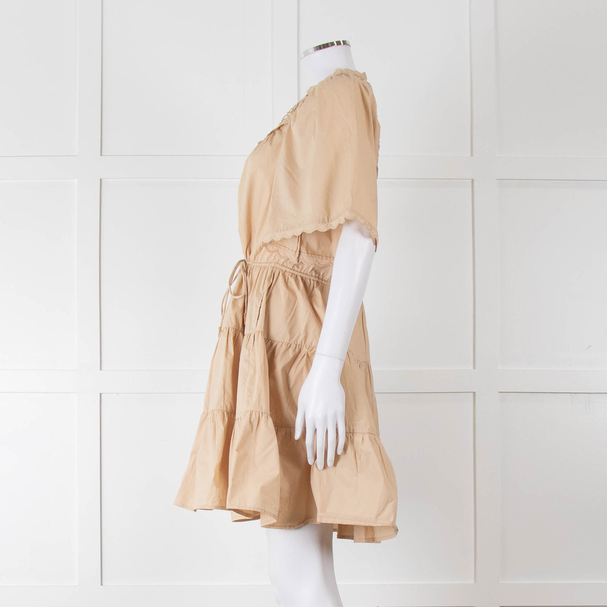 Scarlett Poppies Beige Cotton Lace Detail Tiered Short Dress