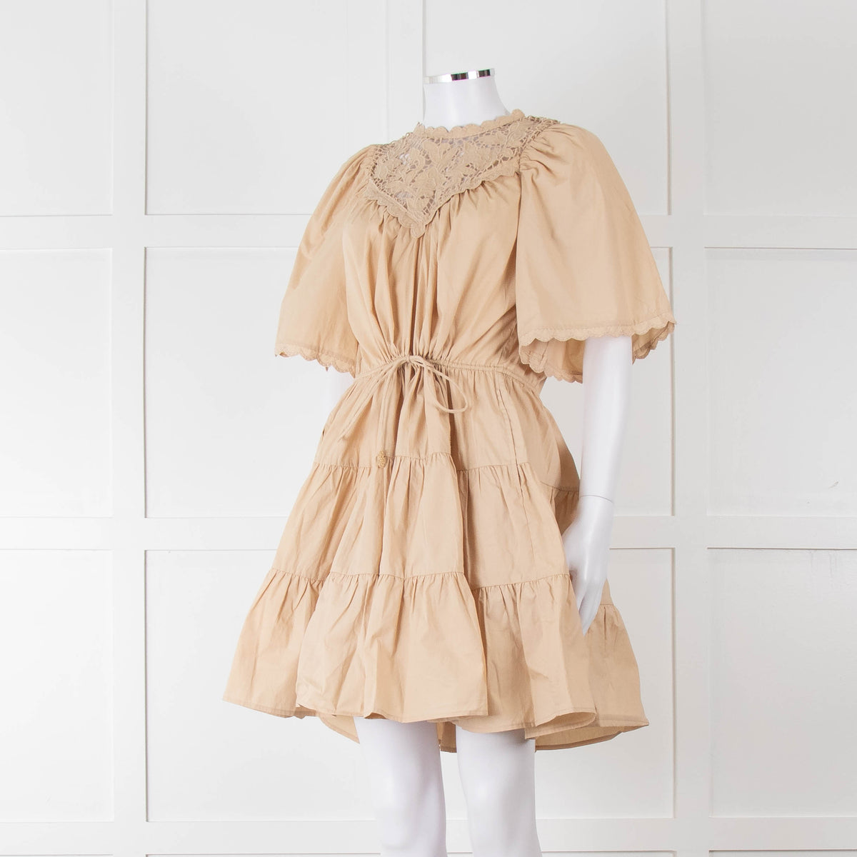 Scarlett Poppies Beige Cotton Lace Detail Tiered Short Dress