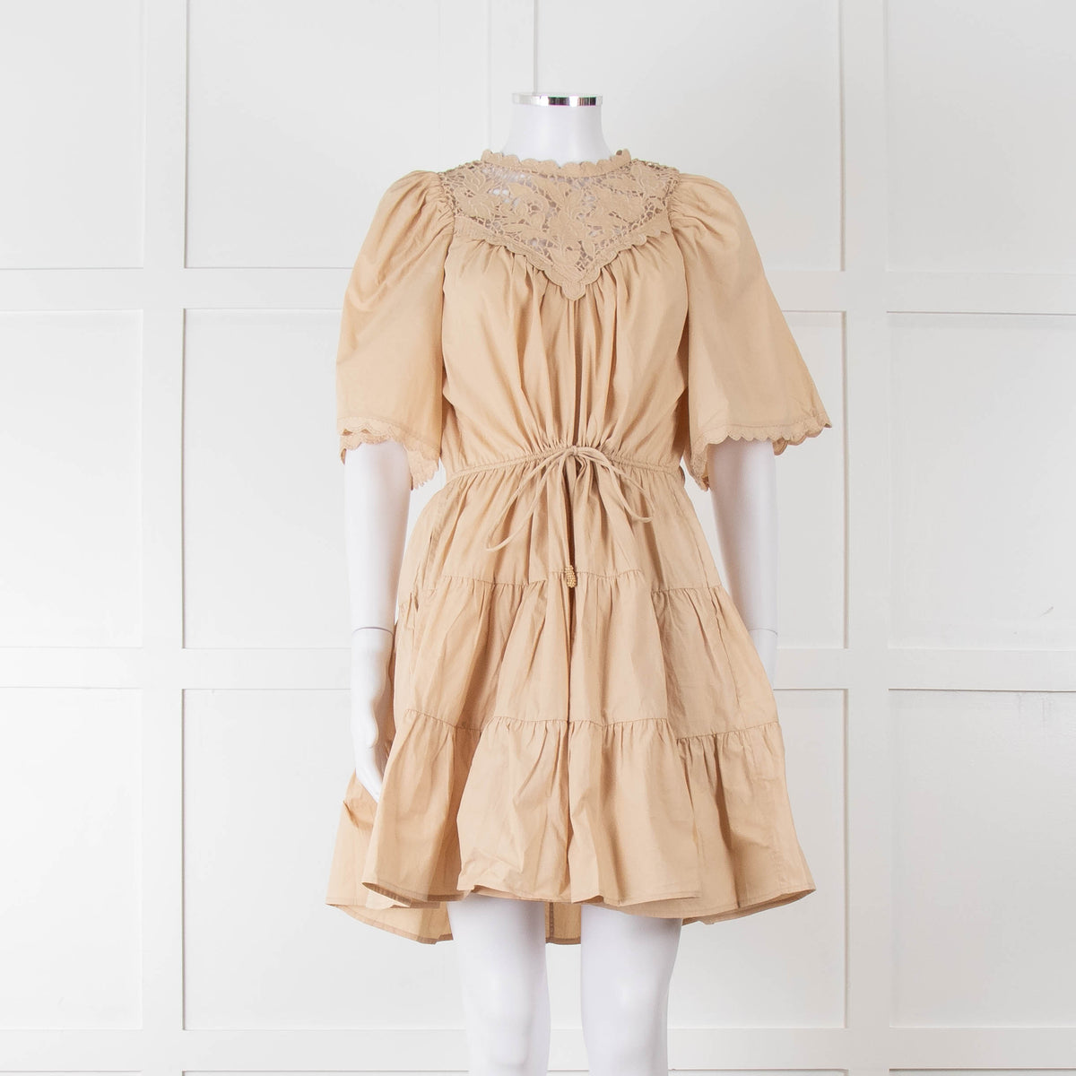 Scarlett Poppies Beige Cotton Lace Detail Tiered Short Dress