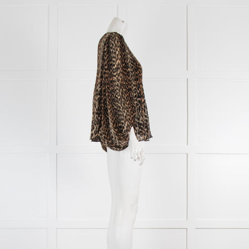 Ganni Leopard Print Plisse Long Sleeve Blouse