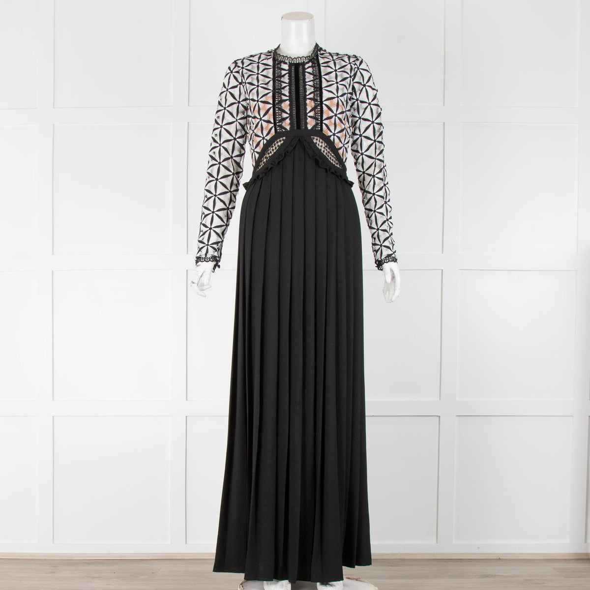Self-Portrait Black Long Pleated Dress With Black and White Lazer Cut Top