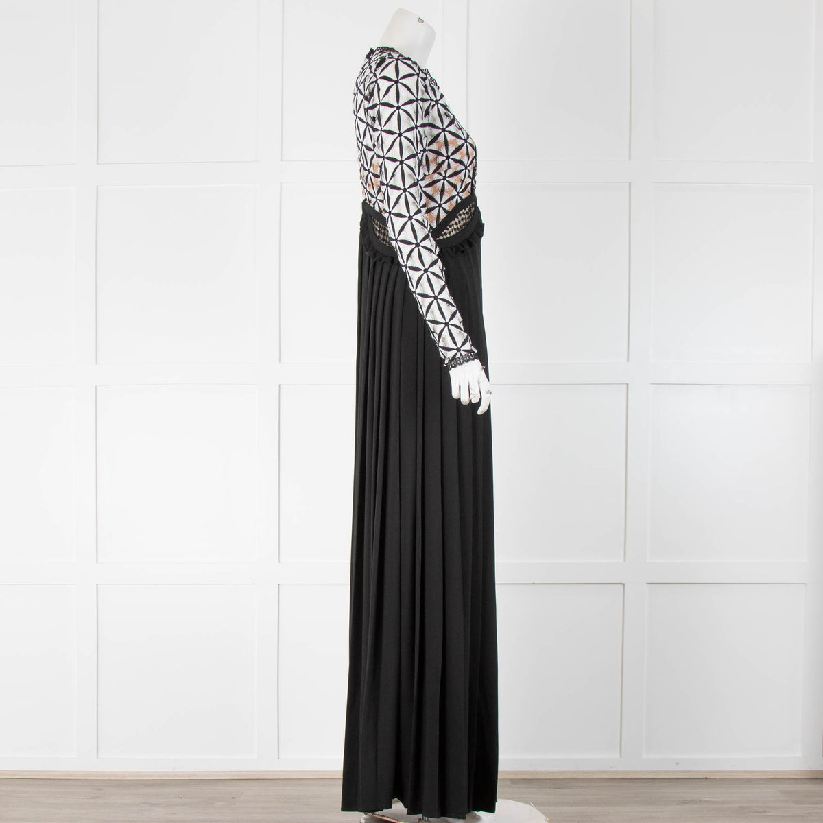 Self-Portrait Black Long Pleated Dress With Black and White Lazer Cut Top