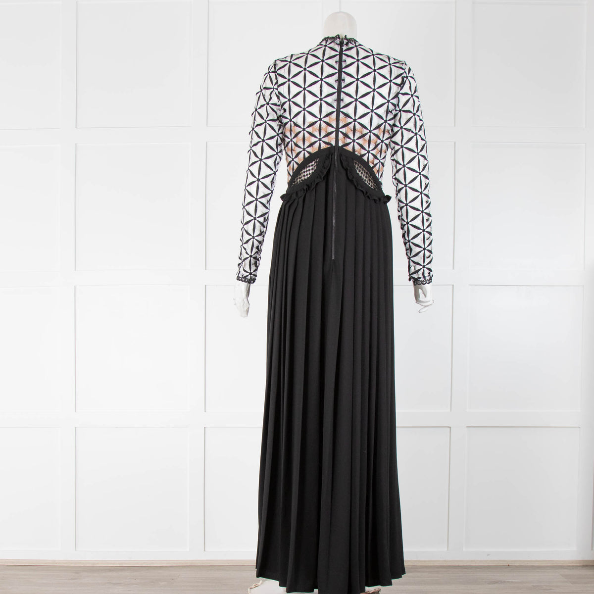 Self-Portrait Black Long Pleated Dress With Black and White Lazer Cut Top