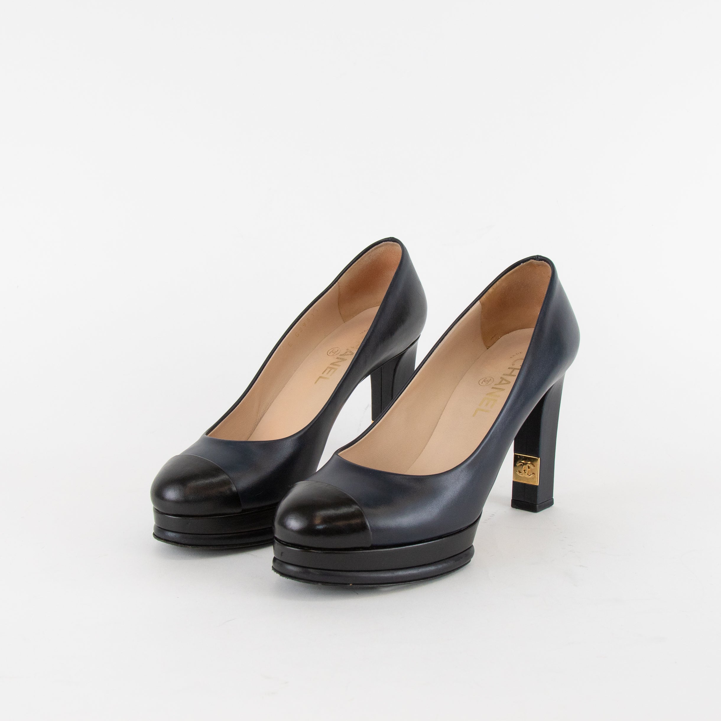 Chanel Navy Leather Platform Heels with Black Toe Cap – Phoenix Style